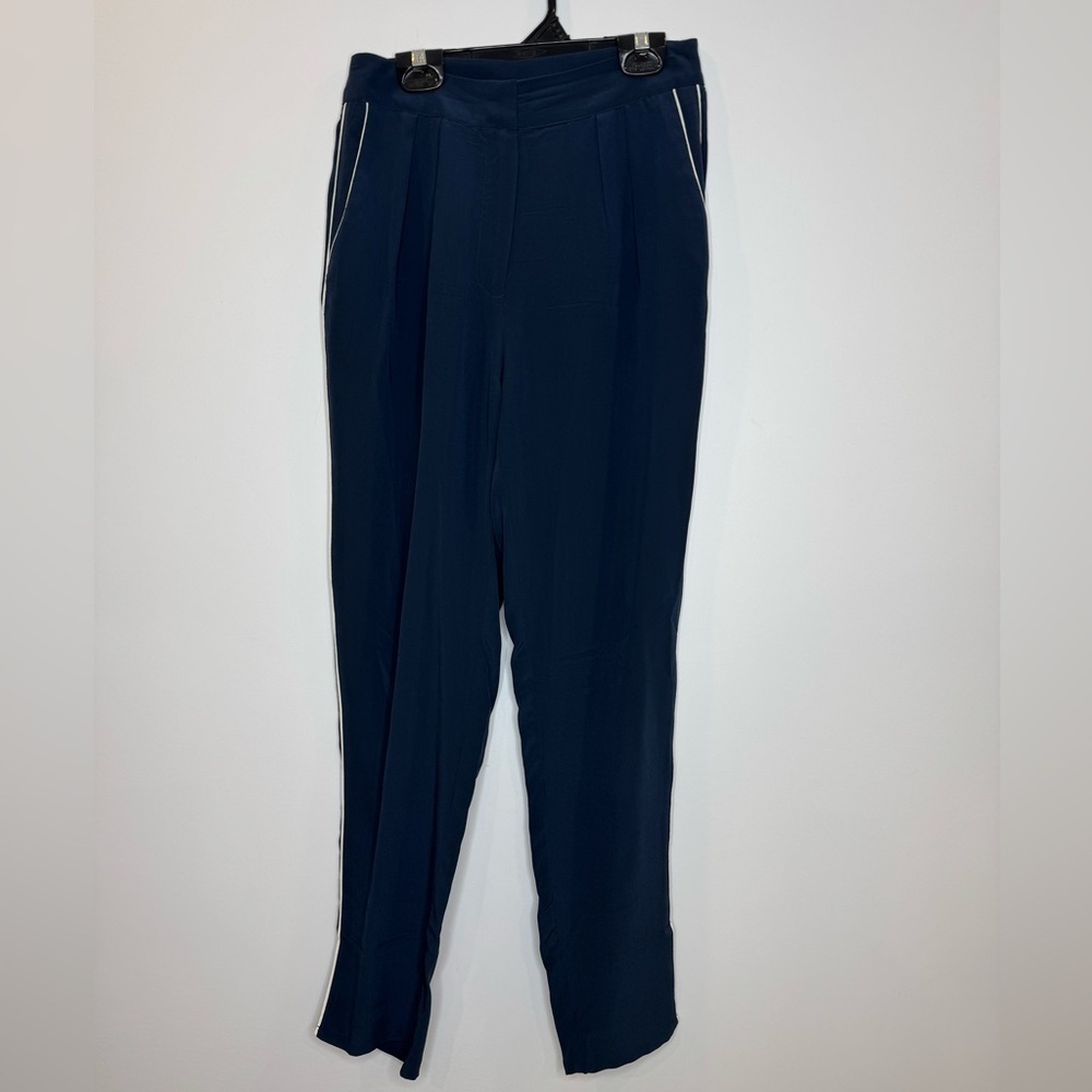 Frank and Oak navy white stripe along legs silk flowy pant